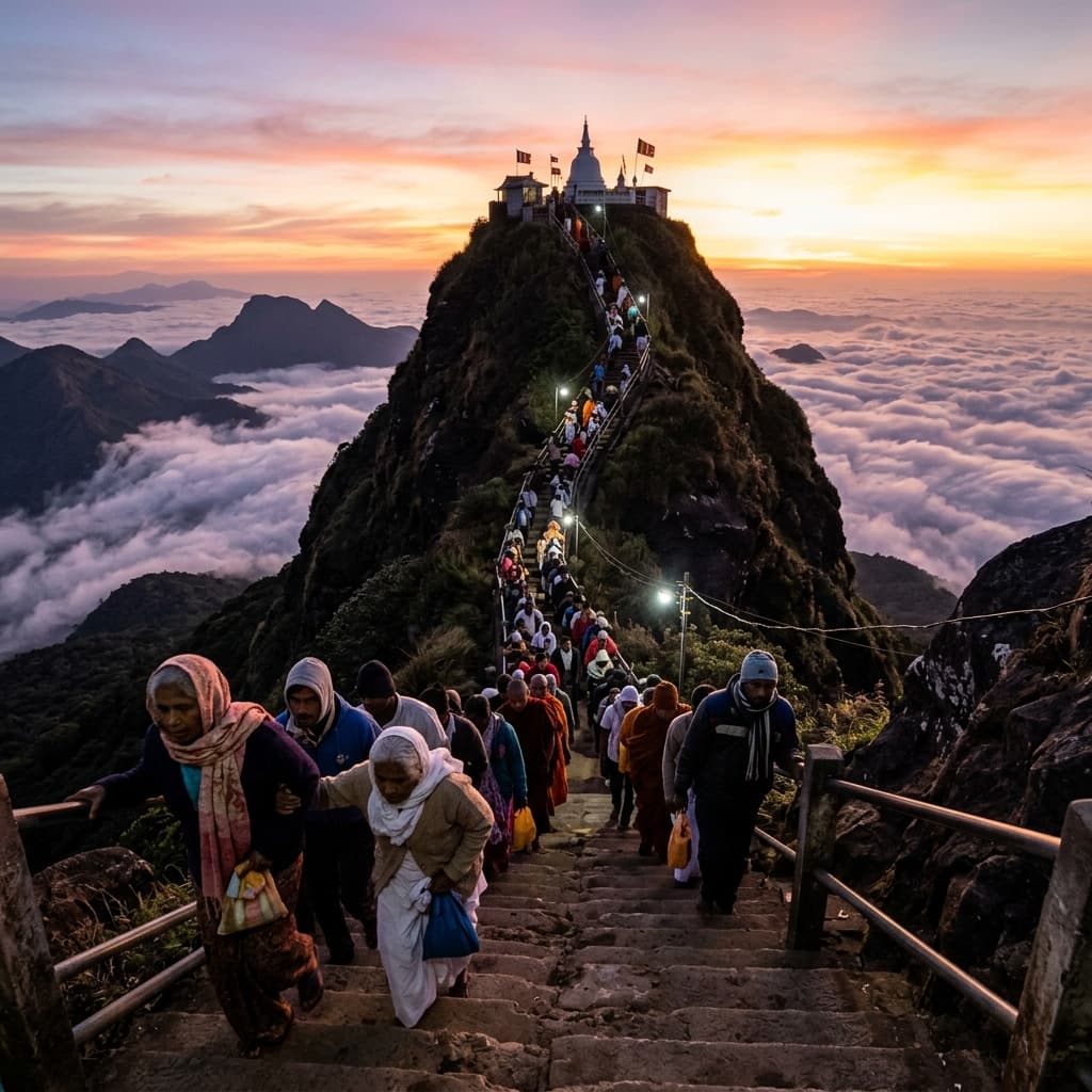 Pilgrims climbing Adam's Peak at sunrise above the clouds