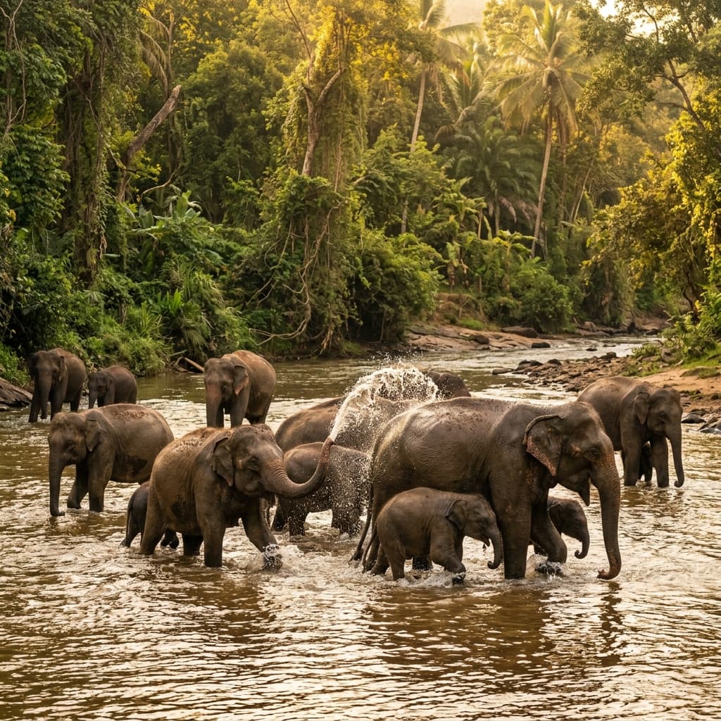 Wild elephant herd bathing in river in Sri Lanka jungle