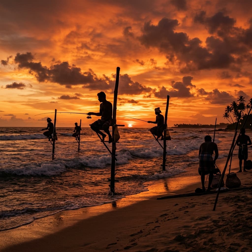 Traditional stilt fishermen at sunset, Koggala Beach